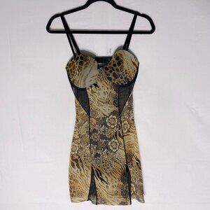 Vintage Y2K Sheer Iridesscent Mesh Animal Print Bodycon Slip Mini Dress M